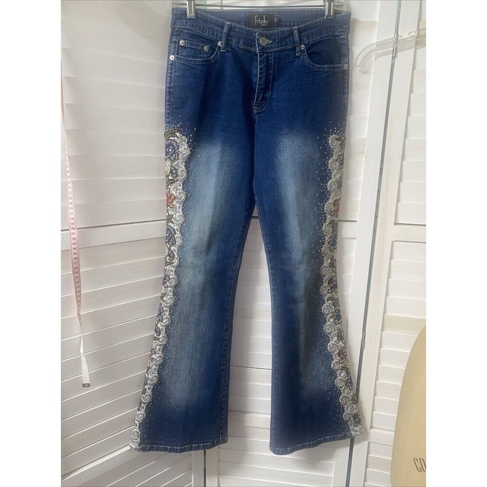 FITELLE PARIS Beaded Lacey Blue Denim Lace Boot Cut Mid Rise Jeans Sz 27 Small